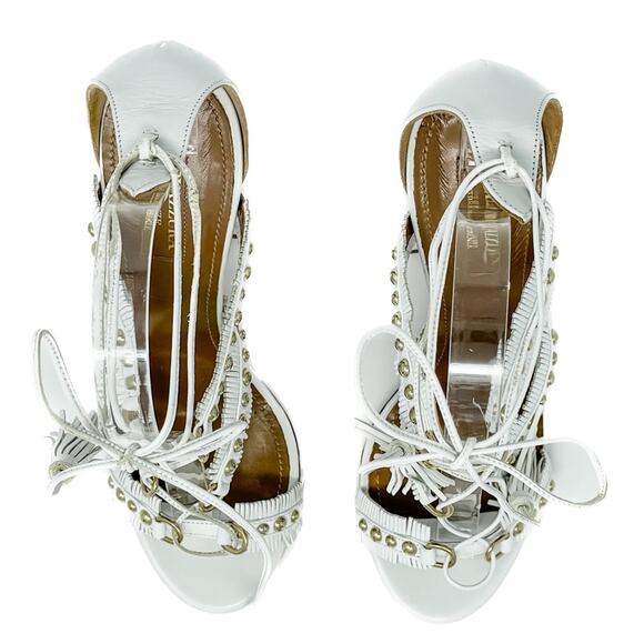 Aquazzura White Tulum Fringed Leather Studded Gladiator Sandal size 37.5 - Picture 7 of 12